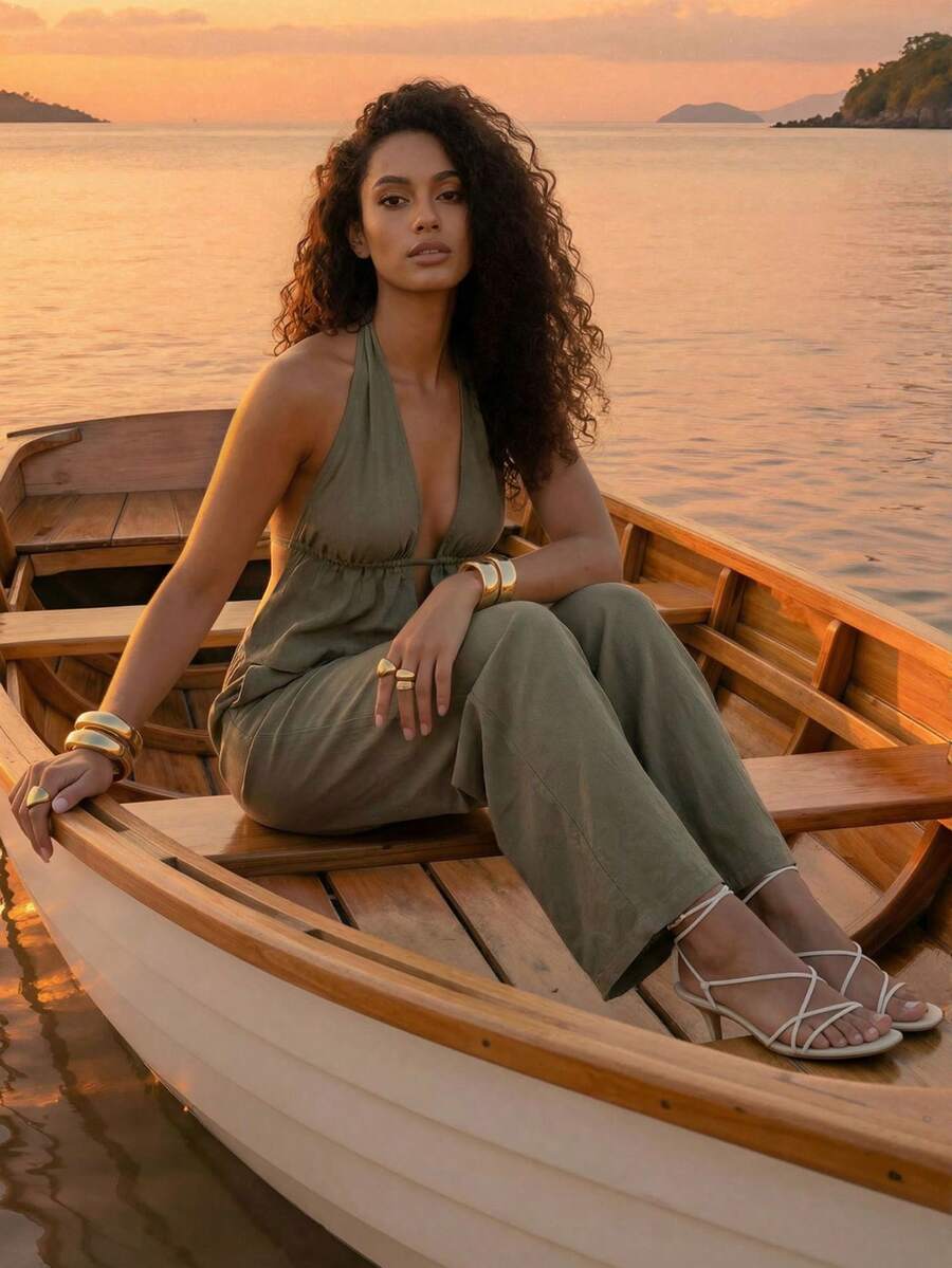 CAJUNI 女士夏季度假露背吊带军绿色上衣和裤子套装 - 綠色 - 查看 1