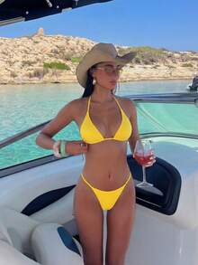 Swim Mod Bikini de 2 piezas con tiras finas y escote halter de tela especial para vacaciones de primavera/verano 2026, de color amarillo sexy y tanga - Amarillo - Ver 8