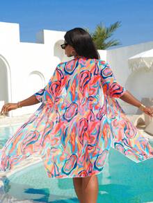 Slaydiva Novo conjunto de biquíni plus size de 3 peças com estampa colorida em blocos, elegante para resorts. - Multicolorido - Ver 2