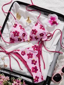 Swim Mod Bộ bikini nữ mùa hè mới, kiểu dáng giản dị, họa tiết hoa ngẫu nhiên và chấm bi, hở lưng, hình tam giác, gợi cảm, thích hợp cho kỳ nghỉ biển. - Nhiều màu - Xem 3