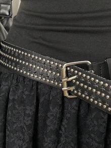 SHEIN Unity Đầm nữ mùa thu/đông không tay phong cách punk rock tối màu với cổ áo xếp nếp, trang trí đục lỗ và họa tiết in hình đồ họa. - màu đen - Xem 4