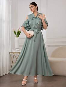 Modelyn 优雅荷叶边领露肩荷叶边短袖时尚年轻女士连衣裙 - 薄荷綠 - 查看 4