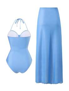 Swim Oasis Conjunto de traje de baño para mujer, top halter con pliegues y nudo, ropa de resort de moda casual, conjunto de 2 piezas, primavera/verano/otoño/invierno - Azul - Ver 2