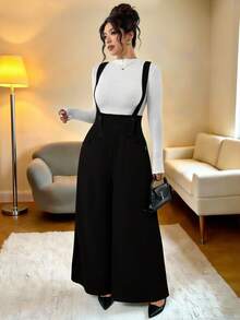 Elenzga Plus Size Knitted Textured Fabric Double-Breasted Pants With Real Pockets, High Waist Flared Leg Jumpsuit, Elegant For Outings, Dates, Parties, Versatile Casual Commute Bib Pants - Black - View 8