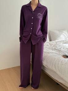 DAZY 2pcs Women Bear Graphic Loose Cardigan Long Sleeve & Pants Pajama Set, Autumn - Purple - View 7