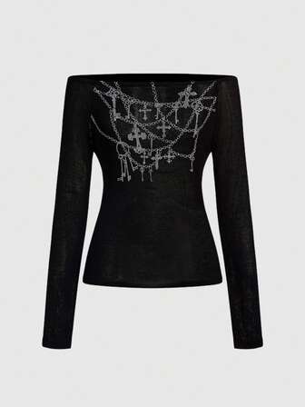 Grunge Punk Damen Ketten Kreuz Muster Off-Shoulder leichter Strick Pullover