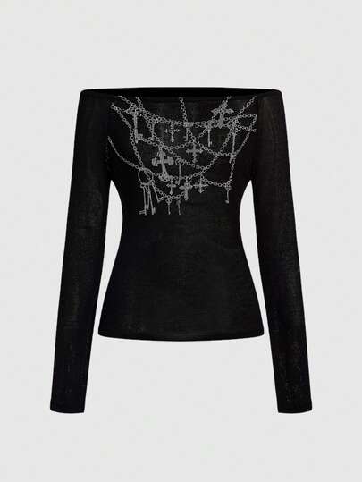 Grunge Punk Pull en tricot léger à épaules dénudées avec imprimé croix et chaîne pour femmes
