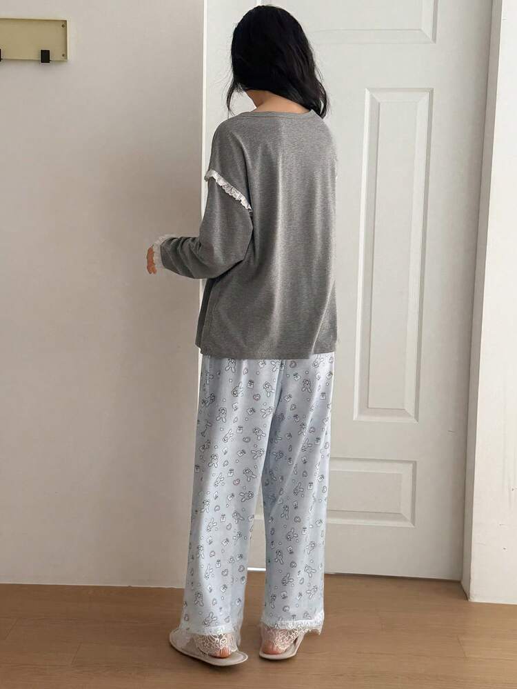 2pcs Women Bow Lace Patchwork Rabbit Pattern Loose Long Sleeve Pajama Set