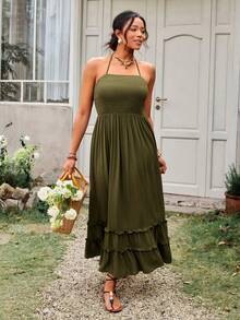 SHEIN VCAY Vestido casual de vacaciones con cuello halter sin espalda de unicolor para mujer de talla grande - Verde militar - Ver 7