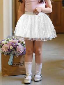 SHEIN 少女甜美优雅白色刺绣3D蝴蝶结网纱A字公主迷你裙，日常百搭，优雅可爱，甜美可人。 - 白色 - 查看 1