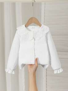 SHEIN Girls Elegant Embroidered Ruffle Collar Princess Long Sleeve Button-Front Casual Fashion Princess Blouse, Suitable For School, Vacation, Travel, Birthday Party, Spring/Autumn - White - View 7