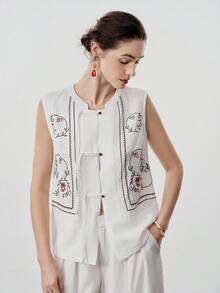 SHEIN LUNE Women's Summer Floral Embroidery Button-Up Shirt For Vacation - White - View 6