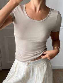 DAZY Camiseta interior elegante de manga corta, cuello redondo y ajuste ceñido con encaje de contraste para mujer, primavera/otoño - Gris - Ver 4