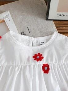 SHEIN Vintaside Kids Baby Girl Casual Floral Embroidery Cap Sleeve Top And Denim Jeans Set, Summer - White - View 5