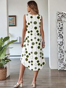 EMERY ROSE Women's Casual Circle Print Sleeveless Asymmetric Hem Dress For Vacation Polka Dot Dress Women Women Vacation Dress Women Summer Casual Dress Italian Summer Dress - Olive Green - View 2