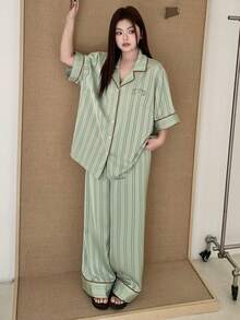 Dazy Plus 大码女士舒适条纹印花睡衣套装 - 綠色 - 查看 6
