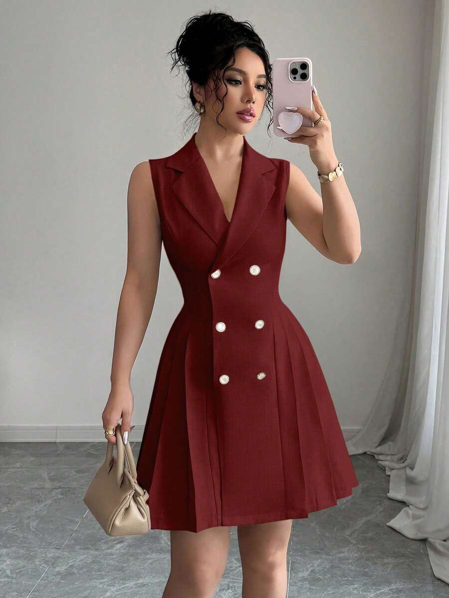 Rafferiza Women's Elegant Commuter Double-Breasted Pleated Hem Sleeveless Dress, Summer - Burgundy - View 1