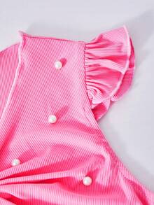 SHEIN Explorewe Streecool 女童两件套：休闲罗纹短款无袖毛衣 + 印花蝴蝶结简约编织连衣裙（含腰带），适合春夏日常休闲穿着 - 粉色 - 查看 6