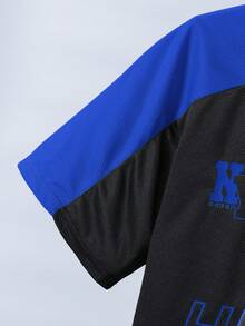 SHEIN 2pcs Tween Boy Contrast Color Casual Sports Letter Graphic Short Sleeve T-Shirt And Jogger Pants Set,Kids - Royal Blue - View 7