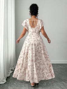 Elenzga Rochie stil rustic, casual, cu imprimeu floral, mărime plus - Caisă - Vizualizare 2