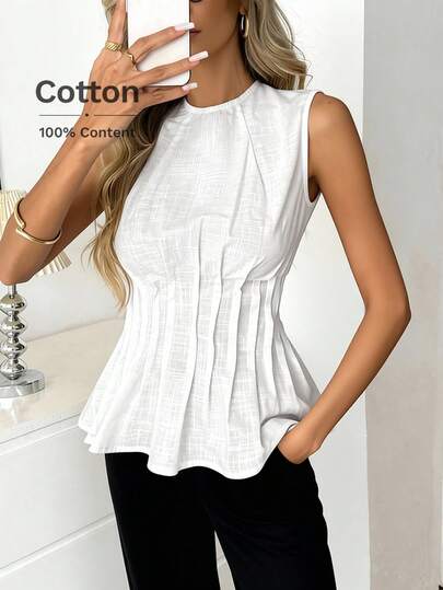 Easowa 100%纯棉无袖衬衫，圆领，后背镂空，褶裥荷叶边下摆，A字廓形，休闲优雅，适合工作场合，春夏穿着。