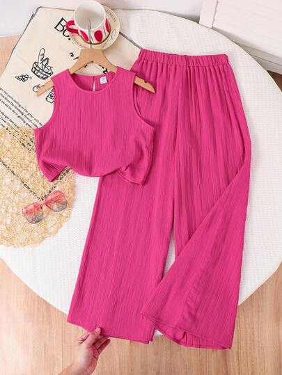 Emery Rose Kids 2件套少女纯色圆领休闲背心和裤子套装