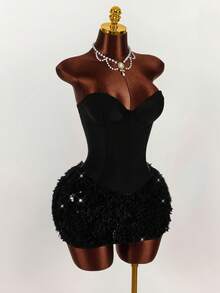 SHEIN Tall CURVE Plus Size Solid Color Sequin Patchwork Sleeveless Bodycon Dress - Black - View 5