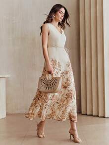 Anewsta 象牙色无袖V领碎花下摆收腰长连衣裙 - 杏色 - 查看 4