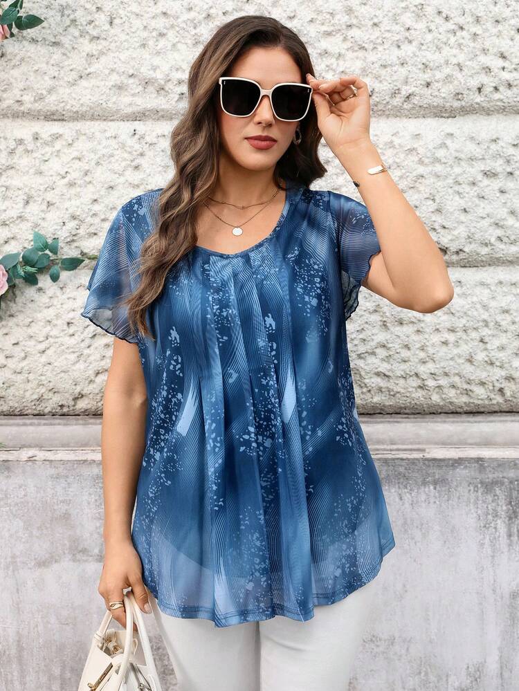 Blusa Casual Solta com Estampa Floral Azul e Babados na Manga Curta para Mulheres Plus Size, Presente para Mãe, Férias de Verão, Mulheres de Férias, Simples e na Moda para o Dia a Dia, Vibes de Férias, Primavera, Uso Casual, Boêmio