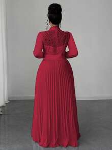 Maweii 大码女士优雅拼接收腰长裙 - 紅色 - 查看 2