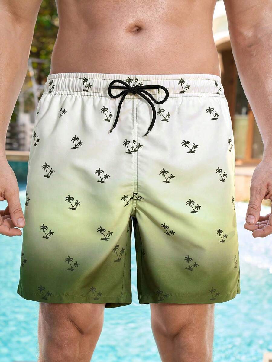Manfinity KASUA Men's Gradient Coconut Tree Print Beach Shorts, Summer Holiday Style - Army Green - View 1