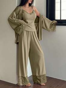 DAZY 3pcs Lace Patchwork Robe, Camisole & Pants Women Sleepwear Set - Olive Green - View 3