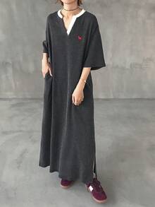 FRIFUL 女士撞色V领落肩宽松休闲长款连衣裙 - 黑色 - 查看 1