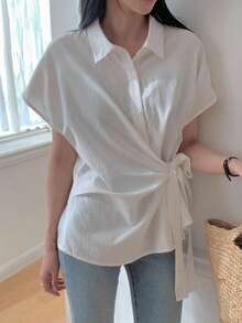 DAZY Women's Casual Collared Short Sleeve Shirt With Side Tie Knot Detail - White - View 2