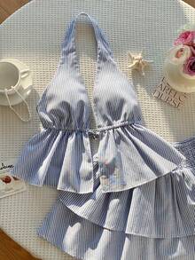 SHEIN EZwear Women's Striped Ruffle Hem Backless Halter Top And Mini Skirt Sexy Fashion 2-Piece Set - Baby Blue - View 5
