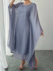 DAZY Women's Round Neck Waist Cinched Extra Long Sleeve Textured Fabric Elegant Dress - Blue - View 4