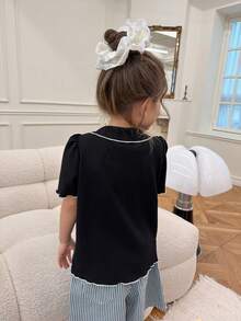 Dazy Kids Camiseta de manga corta con cuello, botones y estampado de lazo, casual para niña, versátil para uso diario - Negro - Ver 4