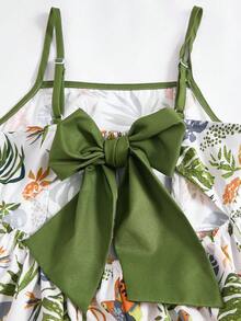 SHEIN 少女碎花吊带露背镂空连衣裙，饰有蝴蝶结 - 綠色 - 查看 5