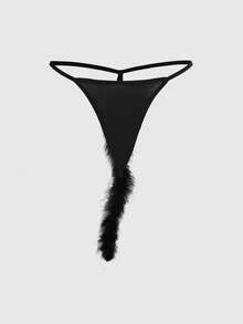 ROMWE Gothic Furry Tail Thong Panties, Sexy Lingerie - Black - View 1