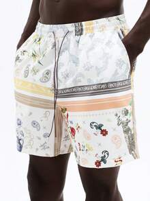 SUMWON Beach Swim Trunks With Bandana Patchwork Print Elastic Waist Draw String Closure Side Pockets Summer Vacation Swimwear - Multicolor - View 1