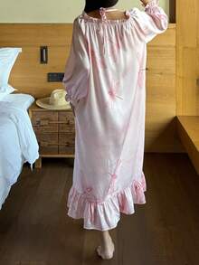 DAZY Romantic Dragonfly Print Satin Off-Shoulder Loose Women Nightgown - Pink - View 2