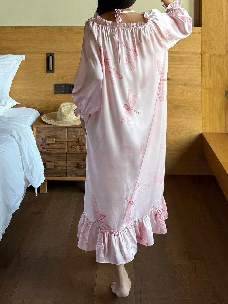 Romantic Dragonfly Print Satin Off-Shoulder Loose Women Nightgown