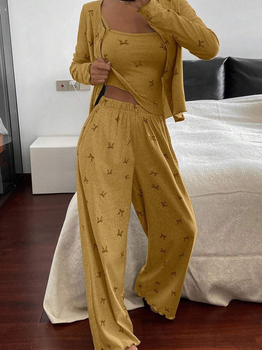 DAZY Set pigiama da donna composto da 3 pezzi: cardigan, canotta e pantaloni con stampa farfalla, adatto per la primavera - Arancione Corallo - Visualizzare 1