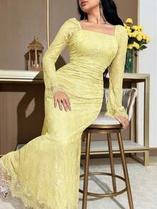 Feyla Women's Elegant Solid Color Lace Dress - Pale Yellow - View 3