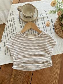 SHEIN Baby Girl Knitted Striped Pleated Crew Neck Top - Apricot - View 5