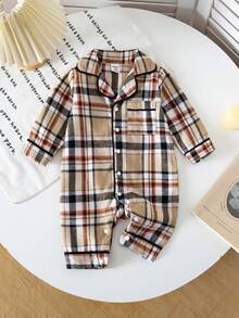 SHEIN 婴儿英伦复古格子连体衣，衬衫领舒适爬行服，柔软可爱翻领按扣前襟外套，春秋季 - 卡其色 - 查看 10