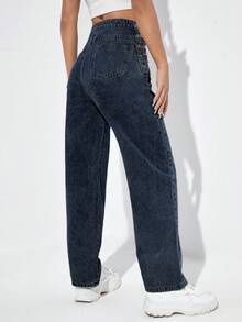 Jeanoix Women's Casual Daily Chain Decor Cone Denim Jeans - Dark Wash - View 2