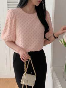 DAZY Women's Plaid Textured Round Neck Pullover Puff Sleeve Elegant Blouse, Suitable For Spring And Autumn - Pink - View 6