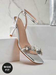 SHUZIA 女士宽楦花朵装饰细高跟日常派对性感沙滩优雅金属PU金色高跟凉鞋 - 銀色 - 查看 6