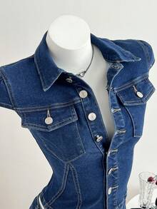 Elamini 女士夏季时尚前扣翻盖口袋牛仔衬衫 - 深色水洗藍 - 查看 3